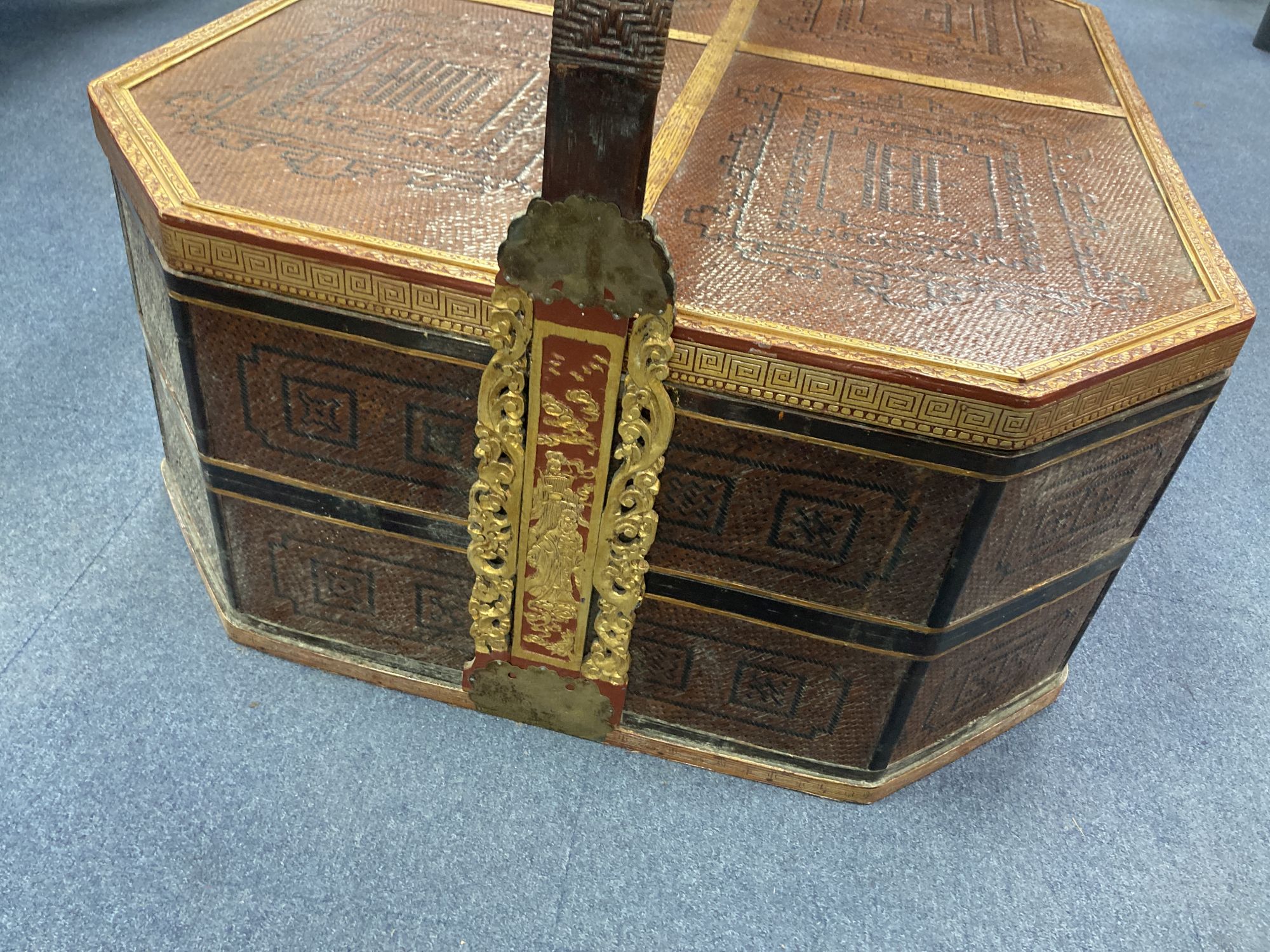 A large Chinese woven octagonal casket and cover, length 126cm, depth 92cm, height 64cm